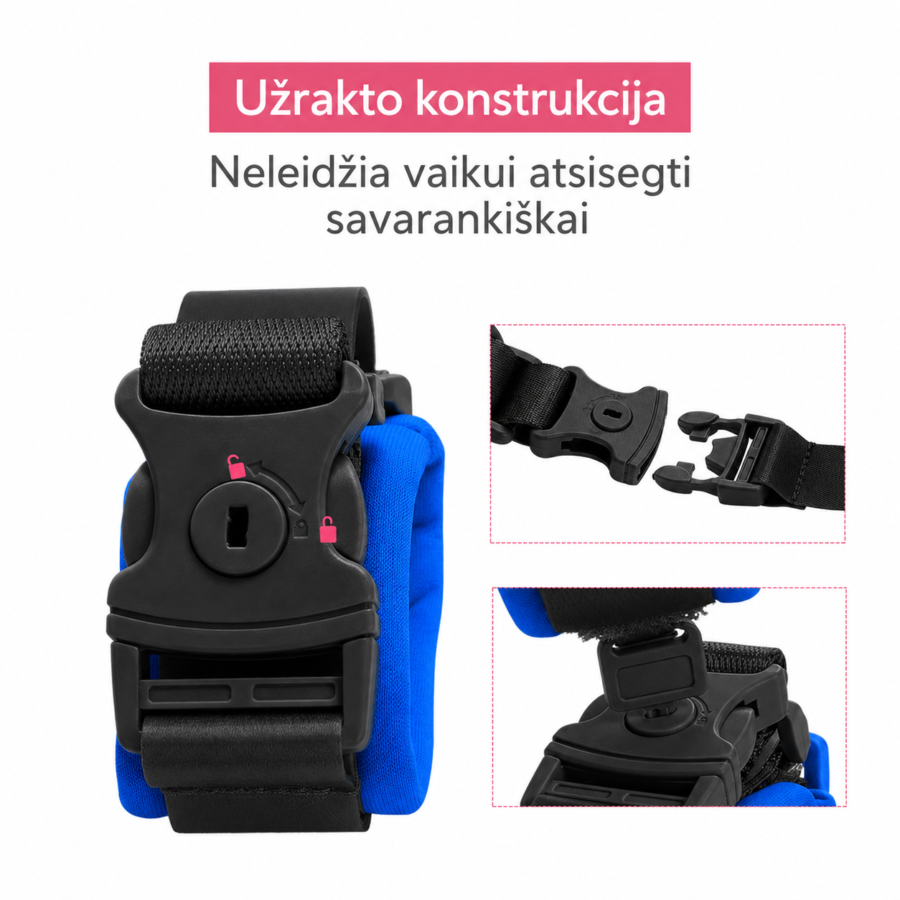 Vaiko saugos pavadėlio užrakto konstrukcija su rakinama apyranke ir juodomis plastikinėmis detalėmis, AVIP-2083