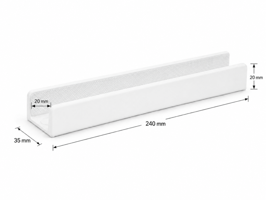Baltas apsauginių vartelių praplatinimų stabilizatorius 24 cm su matmenimis: ilgis 240 mm, aukštis 20 mm, plotis 35 mm.