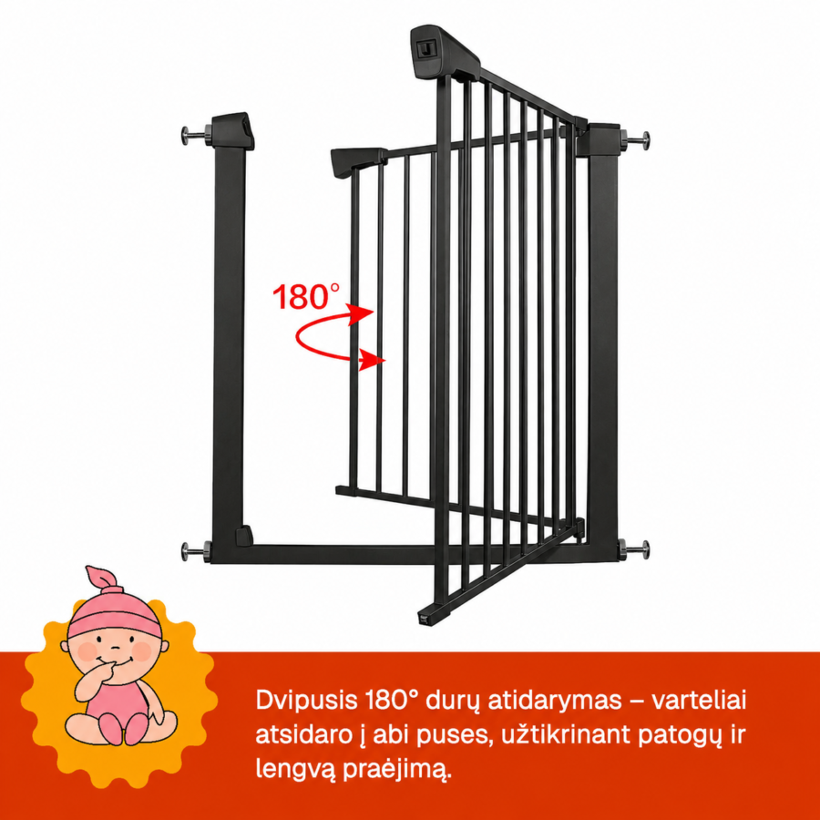 Juodi apsauginiai varteliai su dvipusiu 180 laipsnių durų atidarymu.