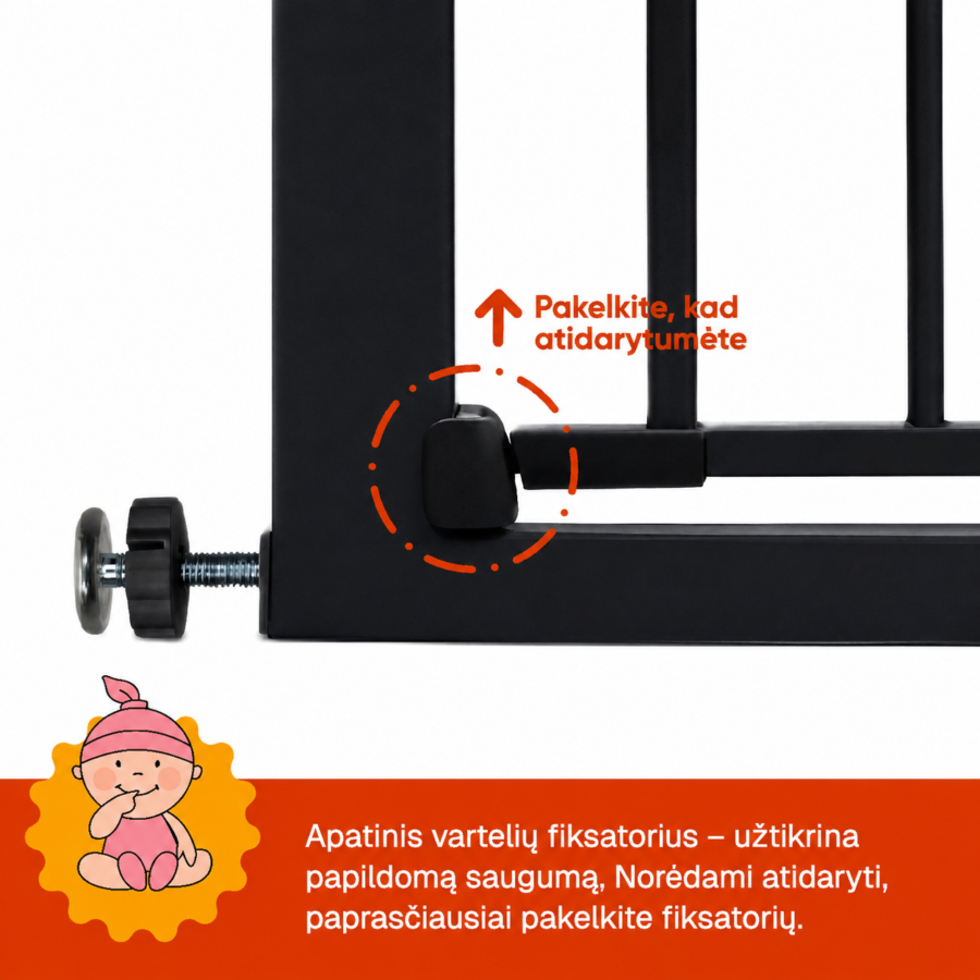 Juodi apsauginiai varteliai vaikams su apatiniu fiksatoriumi papildomam saugumui.