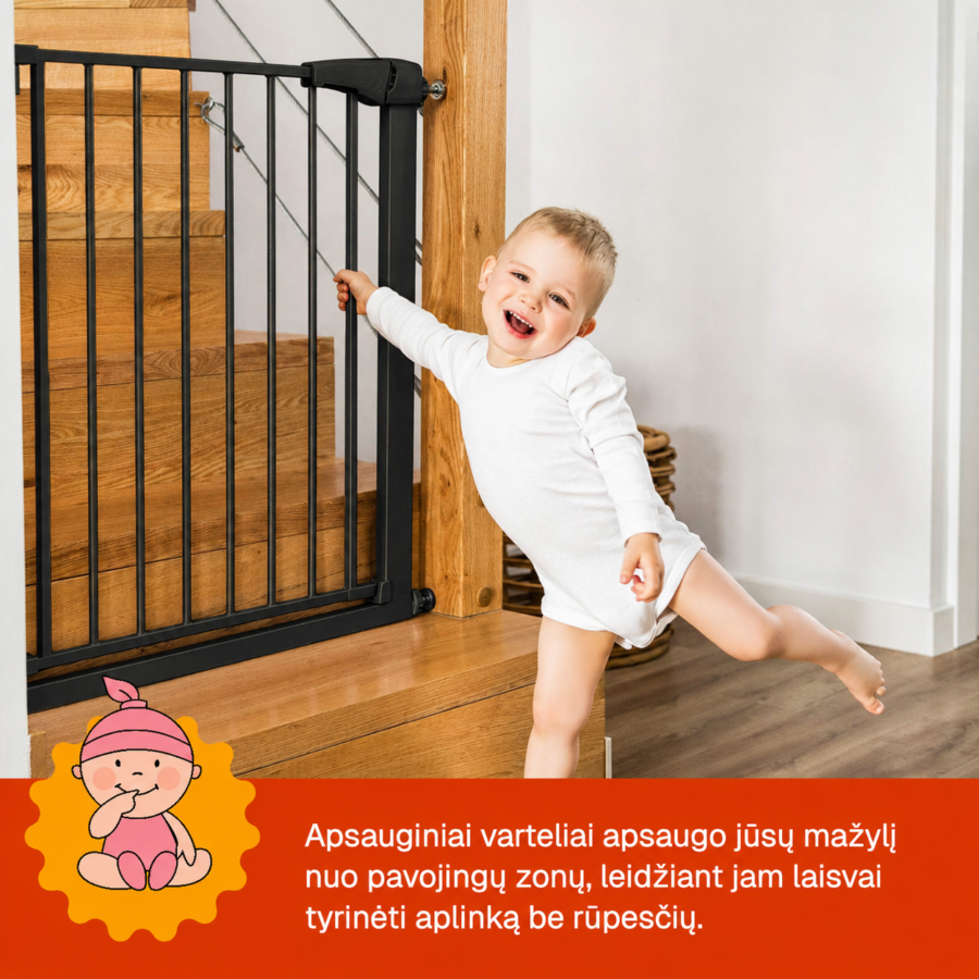 Juodi apsauginiai varteliai apsaugo vaiką nuo pavojingų zonų namuose.