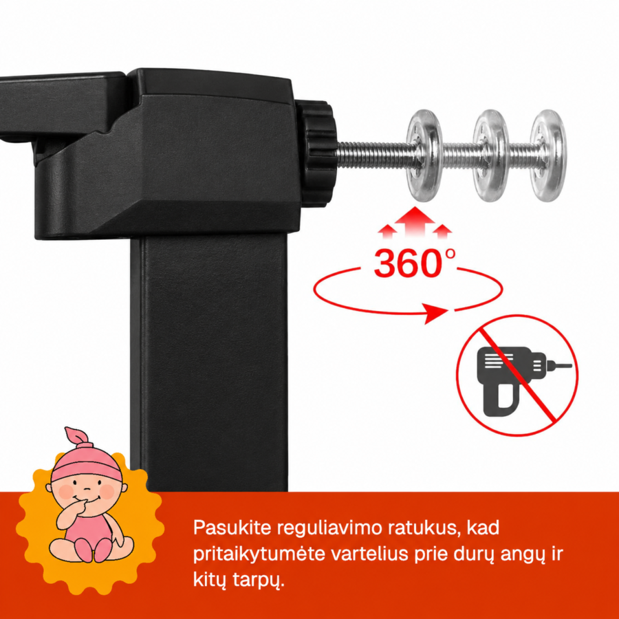 Juodi apsauginiai varteliai su sukamais reguliavimo ratukais tiksliam pritaikymui.