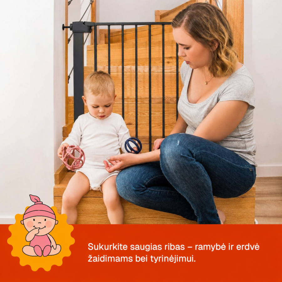 Juodi apsauginiai varteliai padeda sukurti saugią erdvę vaikų žaidimams ir tyrinėjimui.