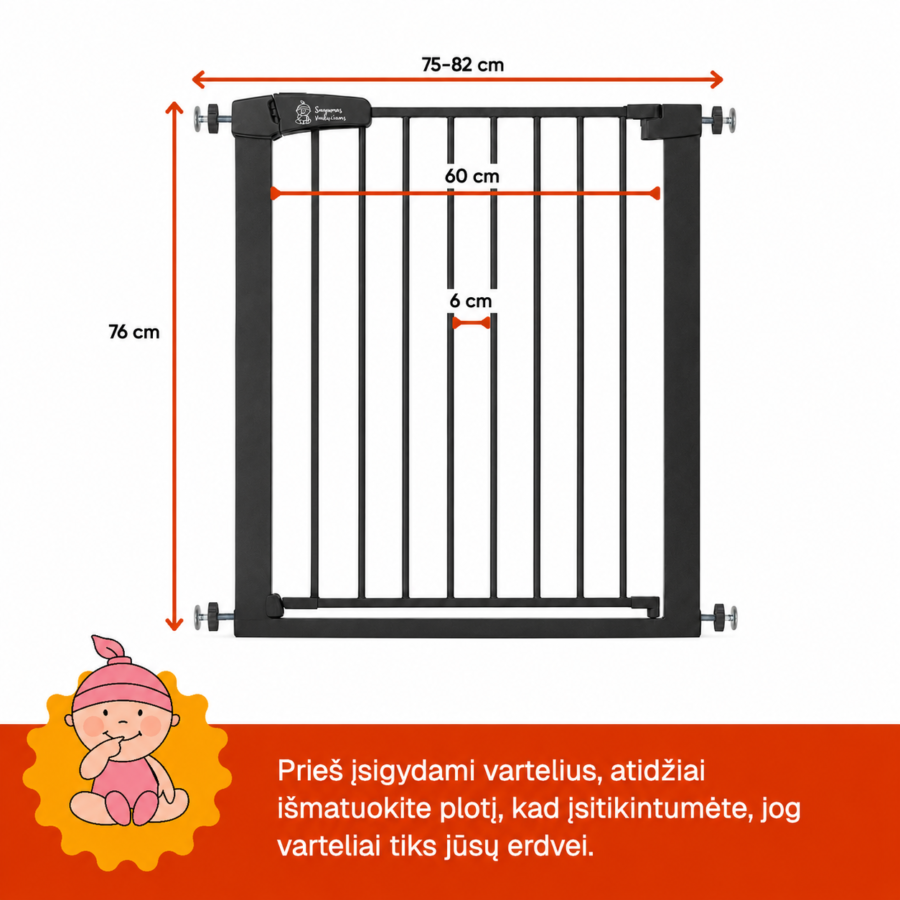 Juodi apsauginiai varteliai vaikams 75–82 cm su išmatavimais – aukštis 76 cm, praėjimo plotis 60 cm, tarpai tarp strypų 6 cm.