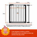 Juodi apsauginiai varteliai vaikams 82–89 cm su išmatavimais – aukštis 76 cm, praėjimo plotis 60 cm, tarpai tarp strypų 6 cm.