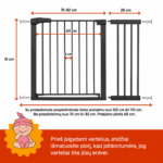 Juodi apsauginiai varteliai vaikams 103–110 cm su išmatavimais – aukštis 76 cm, praėjimo plotis 60 cm, tarpai tarp strypų 6 cm.
