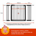 Juodi apsauginiai varteliai vaikams 110–117 cm su išmatavimais – aukštis 76 cm, praėjimo plotis 60 cm, tarpai tarp strypų 6 cm.