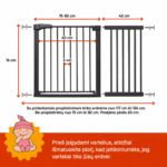 Juodi apsauginiai varteliai vaikams 117–124 cm su išmatavimais – aukštis 76 cm, praėjimo plotis 60 cm, tarpai tarp strypų 6 cm.