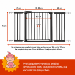 Juodi apsauginiai varteliai vaikams 124–131 cm su išmatavimais – aukštis 76 cm, praėjimo plotis 60 cm, tarpai tarp strypų 6 cm.