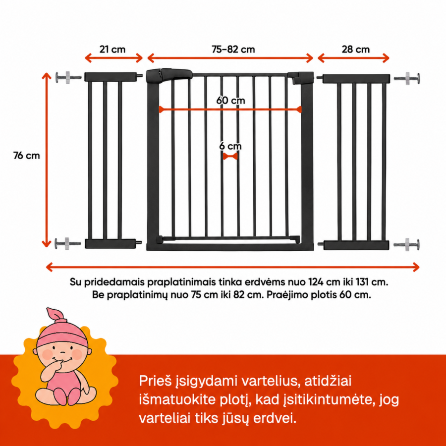Juodi apsauginiai varteliai vaikams 124–131 cm su išmatavimais – aukštis 76 cm, praėjimo plotis 60 cm, tarpai tarp strypų 6 cm.