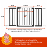 Juodi apsauginiai varteliai vaikams 131–138 cm su išmatavimais – aukštis 76 cm, praėjimo plotis 60 cm, tarpai tarp strypų 6 cm.
