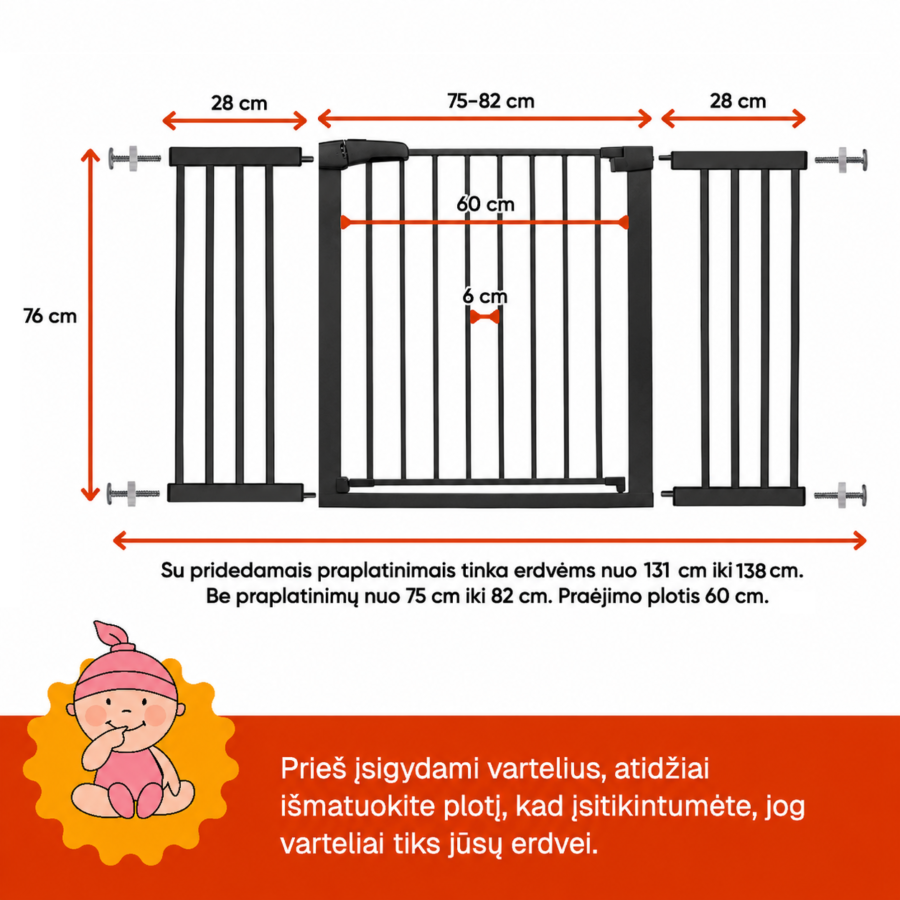 Juodi apsauginiai varteliai vaikams 131–138 cm su išmatavimais – aukštis 76 cm, praėjimo plotis 60 cm, tarpai tarp strypų 6 cm.