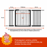 Juodi apsauginiai varteliai vaikams 138–145 cm su išmatavimais – aukštis 76 cm, praėjimo plotis 60 cm, tarpai tarp strypų 6 cm.