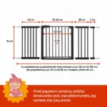Juodi apsauginiai varteliai vaikams 152–159 cm su išmatavimais – aukštis 76 cm, praėjimo plotis 60 cm, tarpai tarp strypų 6 cm.