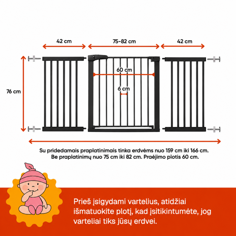 Juodi apsauginiai varteliai vaikams 159–166 cm su išmatavimais – aukštis 76 cm, praėjimo plotis 60 cm, tarpai tarp strypų 6 cm.