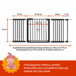 Juodi apsauginiai varteliai vaikams 166–173 cm su išmatavimais – aukštis 76 cm, praėjimo plotis 60 cm, tarpai tarp strypų 6 cm.
