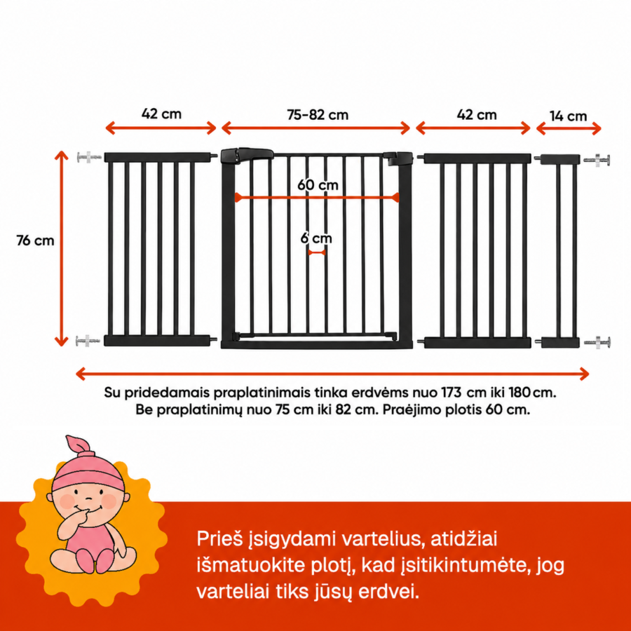Juodi apsauginiai varteliai vaikams 173–180 cm su išmatavimais – aukštis 76 cm, praėjimo plotis 60 cm, tarpai tarp strypų 6 cm.