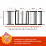 Juodi apsauginiai varteliai vaikams 180–187 cm su išmatavimais – aukštis 76 cm, praėjimo plotis 60 cm, tarpai tarp strypų 6 cm.