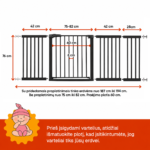Juodi apsauginiai varteliai vaikams 187–194 cm su išmatavimais – aukštis 76 cm, praėjimo plotis 60 cm, tarpai tarp strypų 6 cm.
