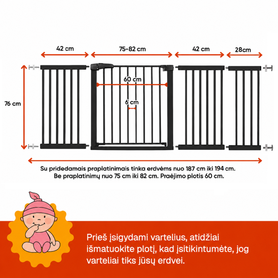 Juodi apsauginiai varteliai vaikams 187–194 cm su išmatavimais – aukštis 76 cm, praėjimo plotis 60 cm, tarpai tarp strypų 6 cm.
