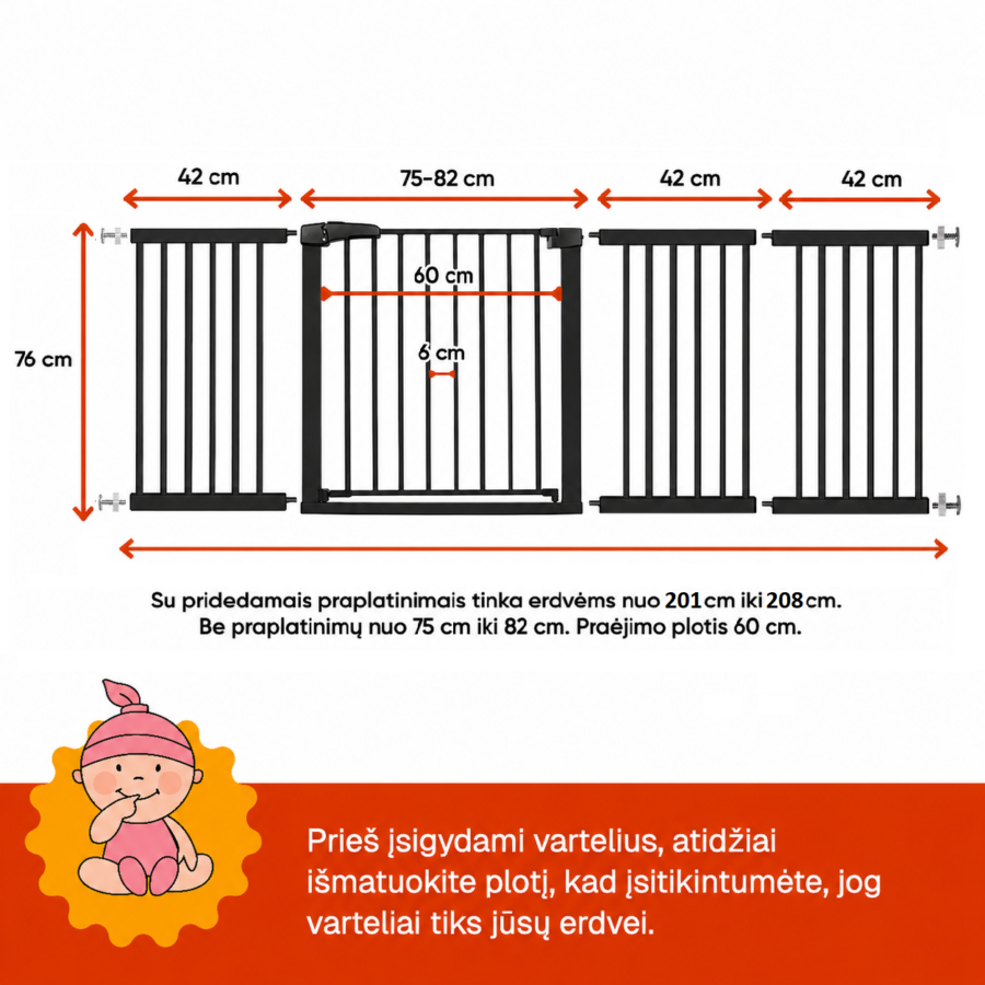Juodi apsauginiai varteliai vaikams 201–208 cm su išmatavimais – aukštis 76 cm, praėjimo plotis 60 cm, tarpai tarp strypų 6 cm.
