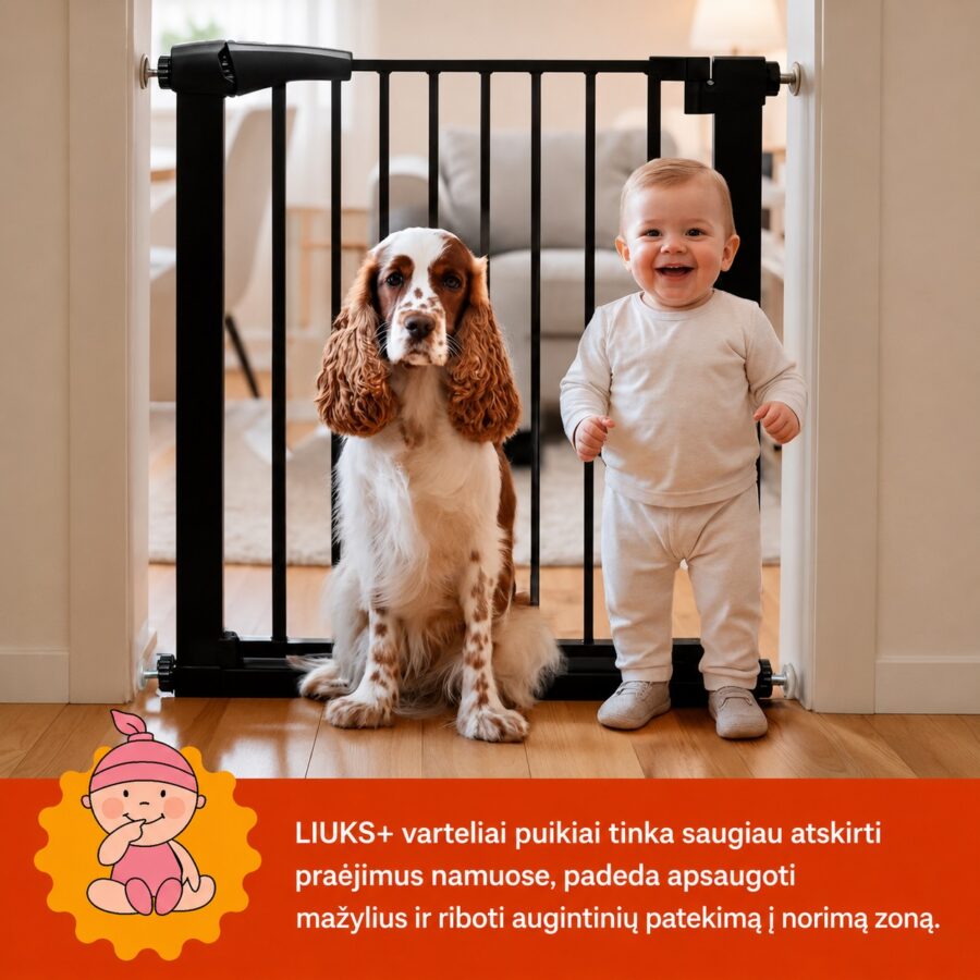 juodi-apsauginiai-varteliai-vaikams-su-augintiniu-liuks-plus Juodi apsauginiai varteliai vaikams LIUKS+ namų praėjimams atskirti, padedantys saugiau apriboti mažylių ir augintinių patekimą į tam tikras zonas.