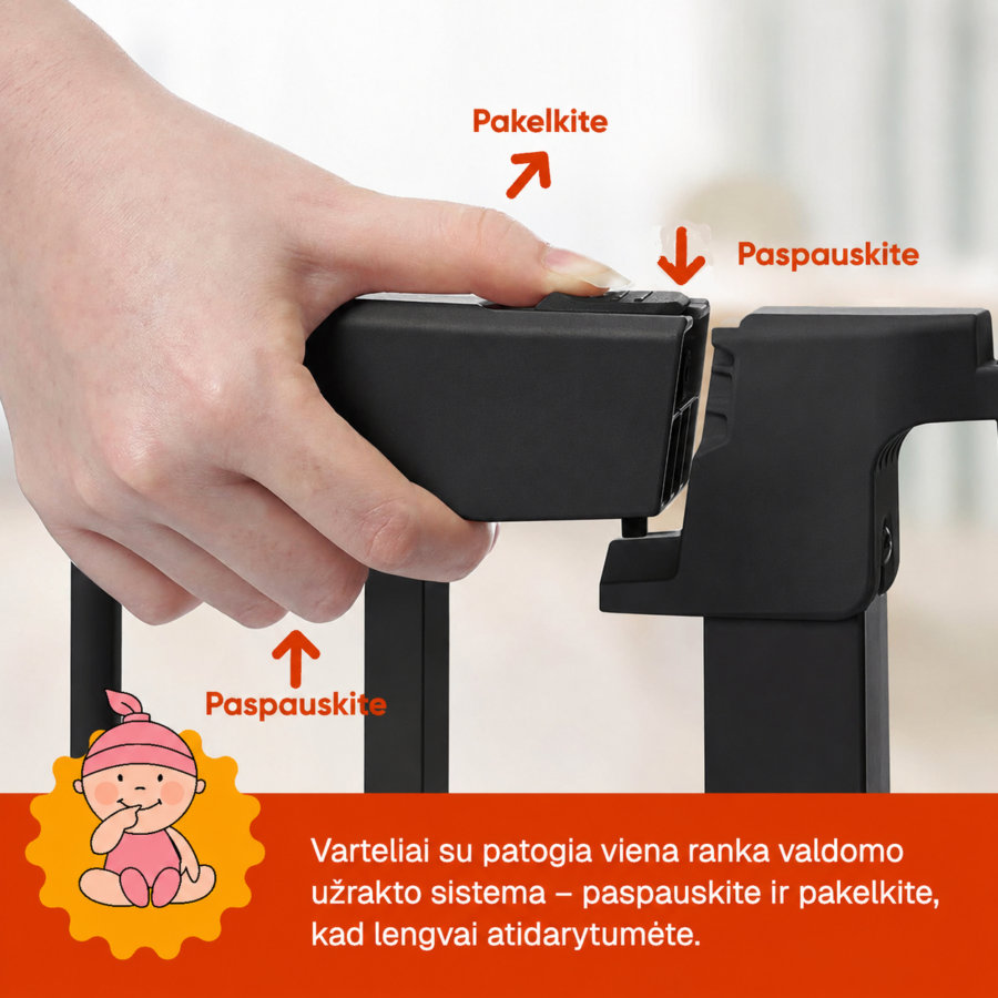 Juodi apsauginiai varteliai su viena ranka valdoma užrakto sistema.
