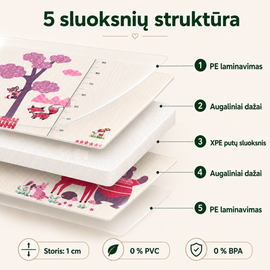 5 sluoksnių XPE žaidimų kilimėlio kūdikiams struktūra: PE laminavimas, augaliniai dažai, XPE putų sluoksnis, 1 cm storis
