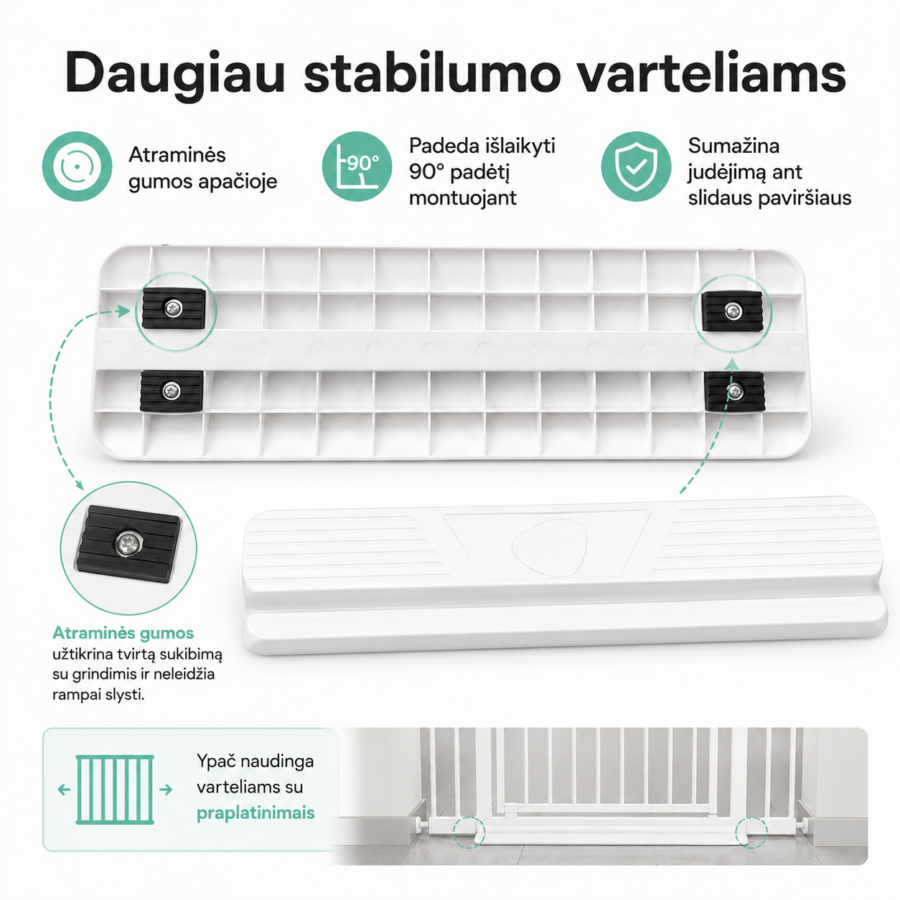 Stabilizuojanti rampa vaikų apsaugos varteliams su guminėmis atramomis, tinkama varteliams su praplatinimais