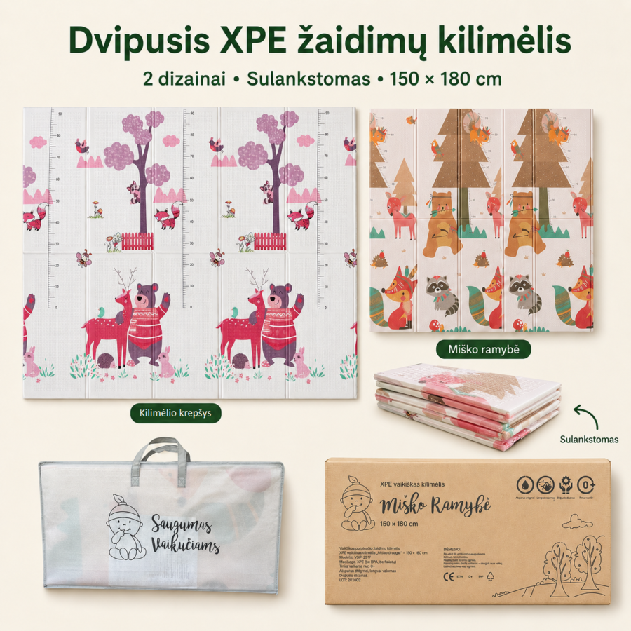 „Miško ramybė“ dvipusis sulankstomas XPE žaidimų kilimėlis kūdikiams su 2 dizainais viename