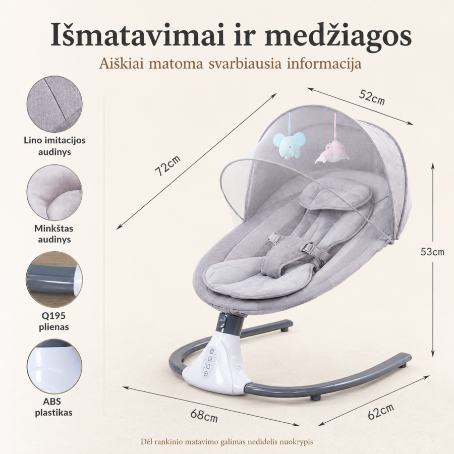 Elektrinės supynės kūdikiams – išmatavimai, medžiagos ir konstrukcijos informacija, padedanti išsirinkti tinkamas kūdikio supynes.
