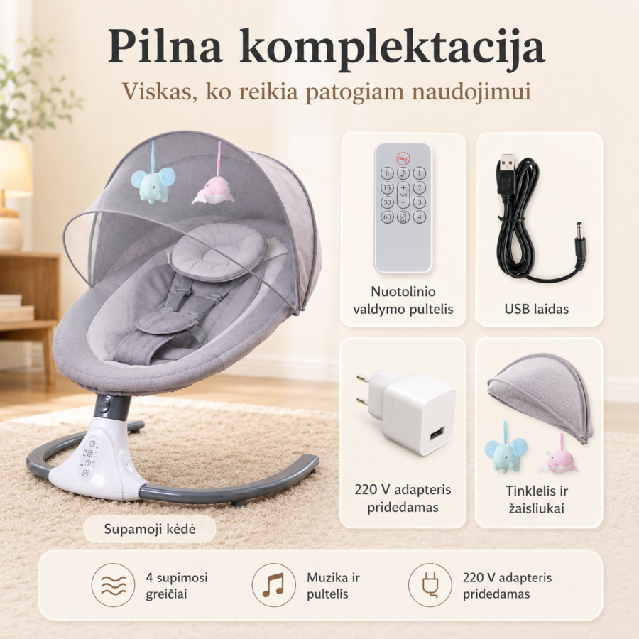 Elektrinės supynės kūdikiams su pilna komplektacija: 220 V adapteris, USB laidas, pultelis ir instrukcija.