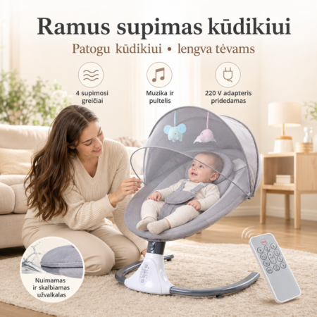 Elektrinis gultukas kūdikiui su reguliuojamu supimu, muzika ir žaislais – patogios kūdikio supynės kasdieniam poilsiui.