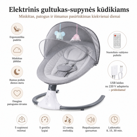 Elektrinis gultukas-supynės kūdikiams su nuotolinio valdymo pulteliu, USB laidu, 220 V adapteriu, muzika ir žaislais