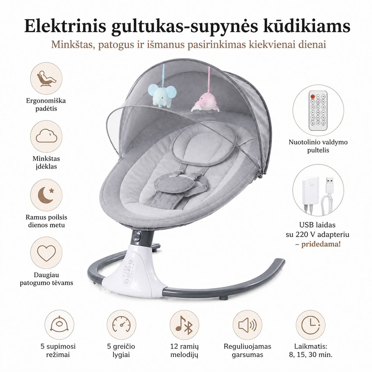 Elektrinis gultukas-supynės kūdikiams su nuotolinio valdymo pulteliu, USB laidu, 220 V adapteriu, muzika ir žaislais