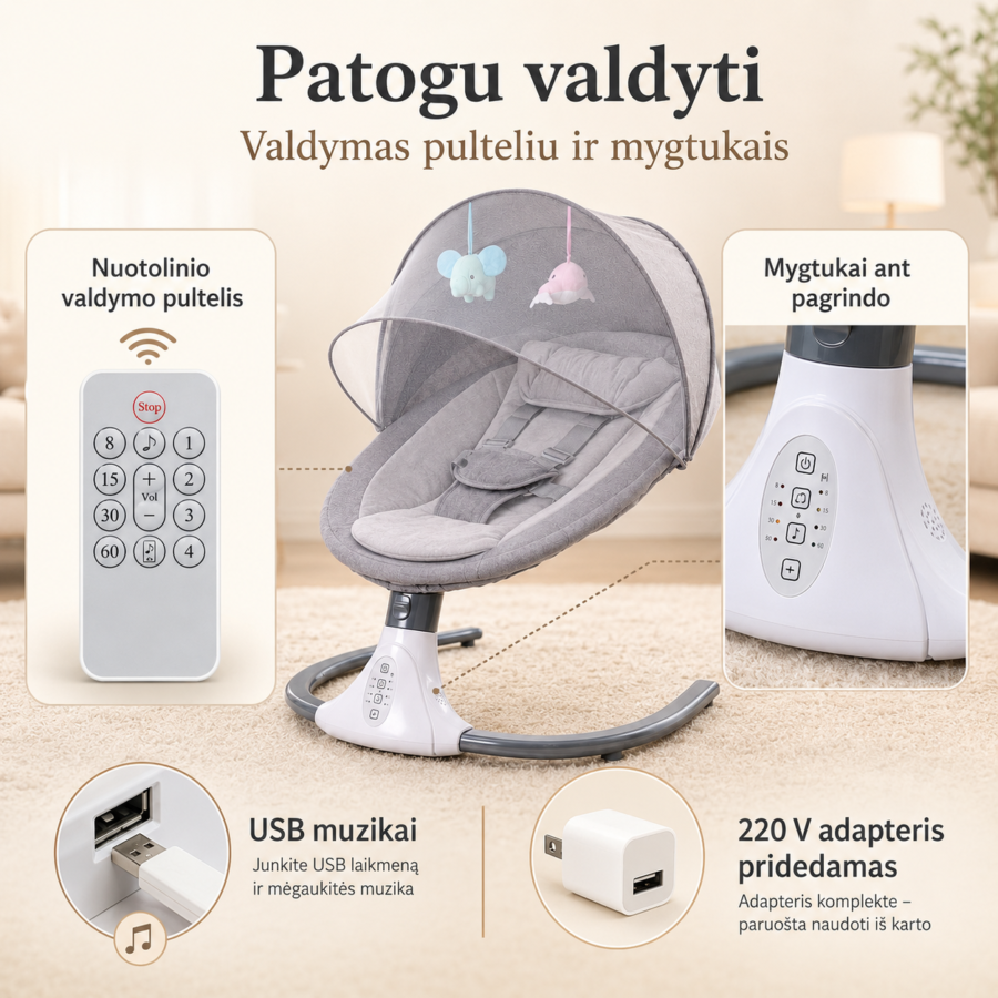 Gultukas-supynės kūdikiams su nuotolinio valdymo pulteliu, USB jungtimi ir maitinimu iš tinklo – patogus valdymas tėvams.