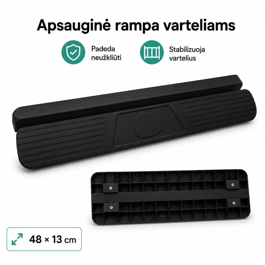 Juoda rampa vaikų apsaugos varteliams su guminėmis atramomis, stabilizuojanti vartelius su praplatinimais