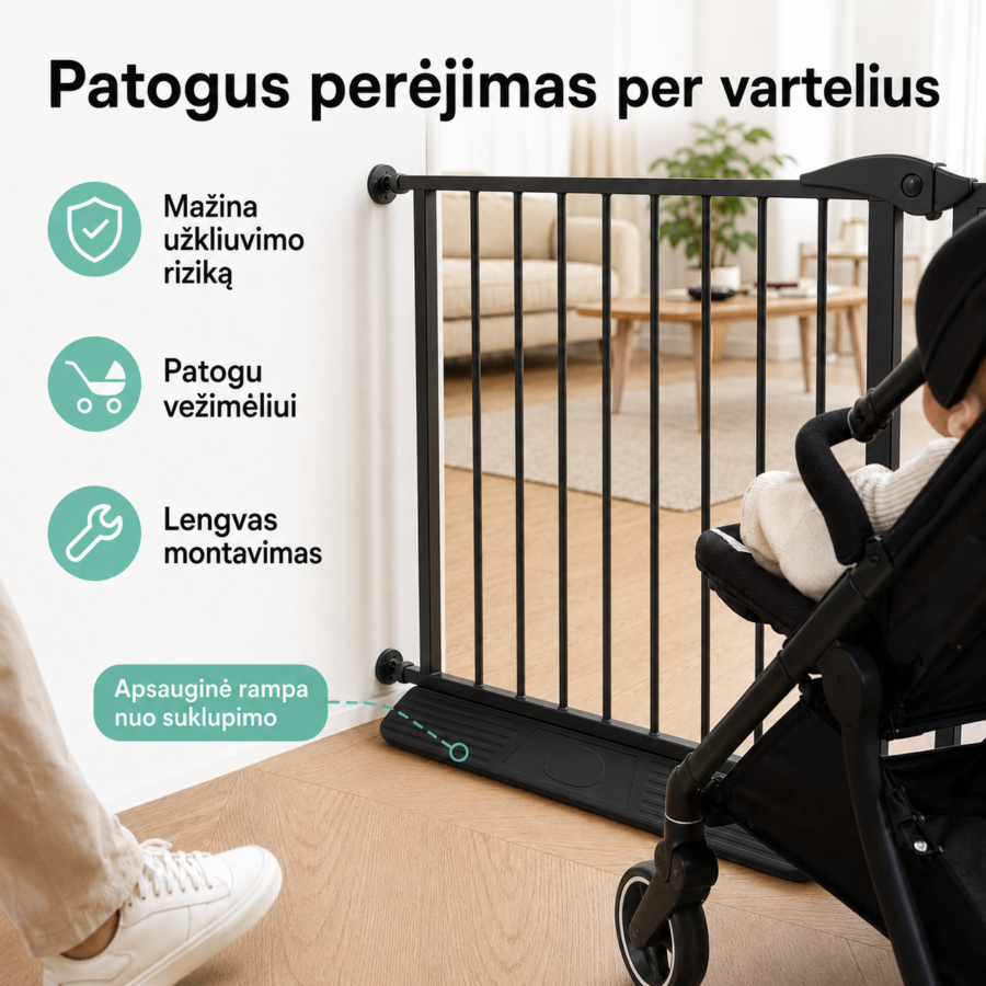Juoda apsauginė rampa vaikų varteliams, palengvinanti vežimėlio pravažiavimą ir mažinanti užkliuvimo riziką