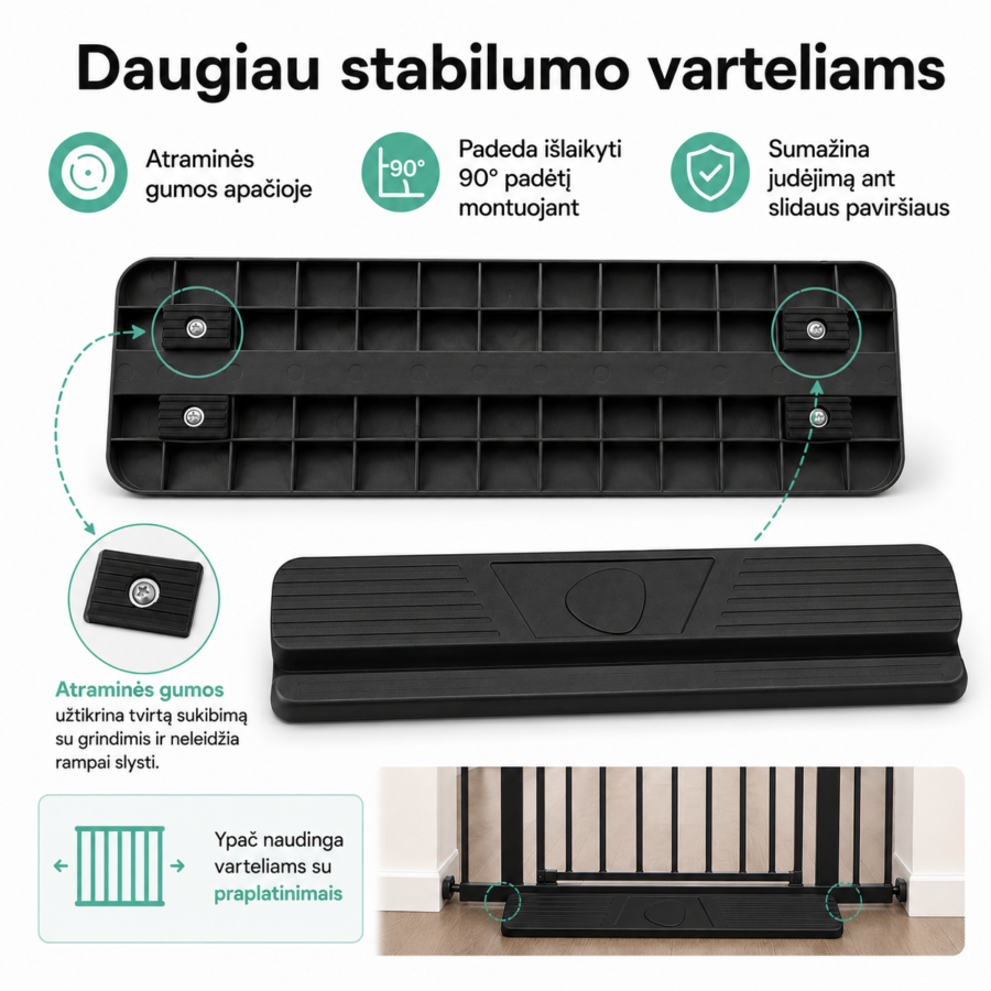 Juoda stabilizuojanti rampa vaikų varteliams su keturiomis guminėmis atramomis, tinkama varteliams su praplatinimais