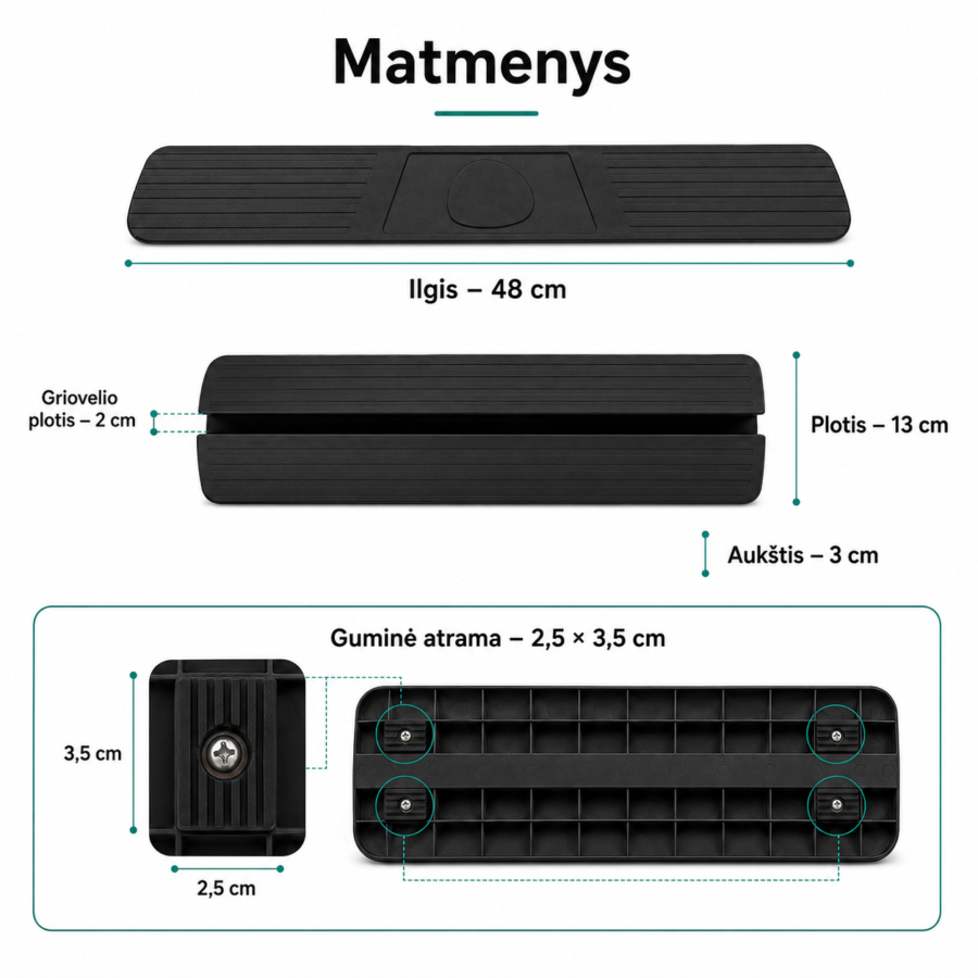 Juodos rampos vaikų apsaugos varteliams matmenys – 48 × 13 cm, 3 cm aukščio, su 2 cm grioveliu