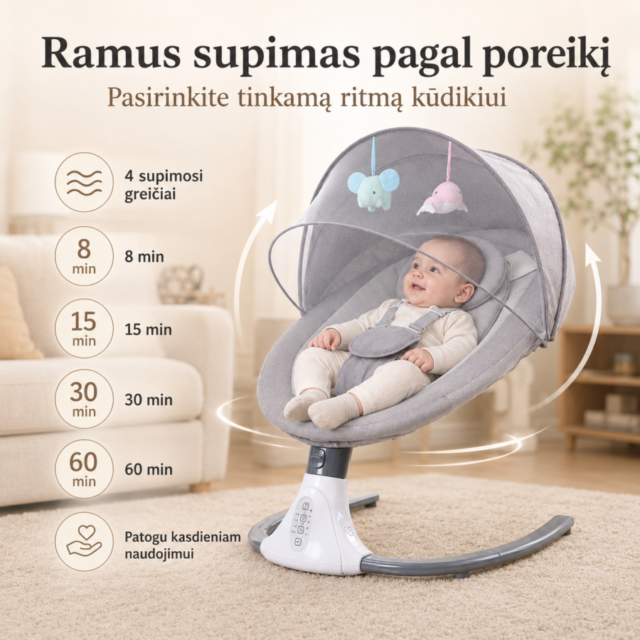 Kūdikio supynės su reguliuojamu supimosi greičiu ir laikmačiu – elektrinis gultukas kūdikiui ramiam poilsiui.