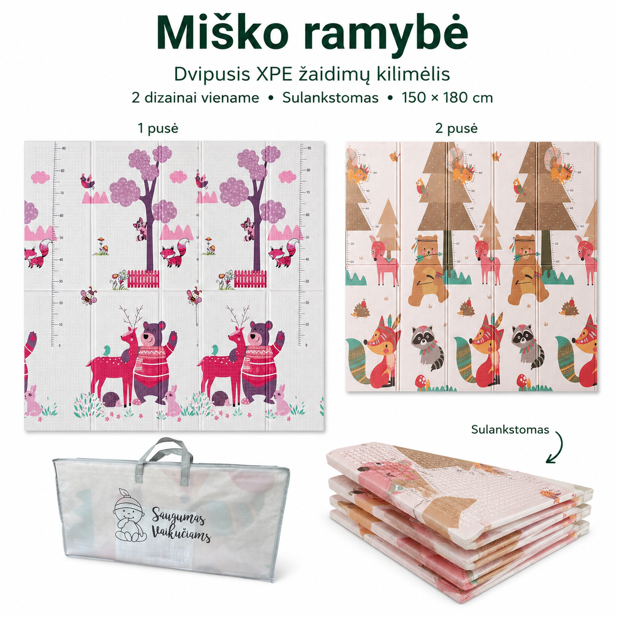 XPE žaidimų kilimėlis kūdikiams 150 × 180 cm „Miško ramybė“