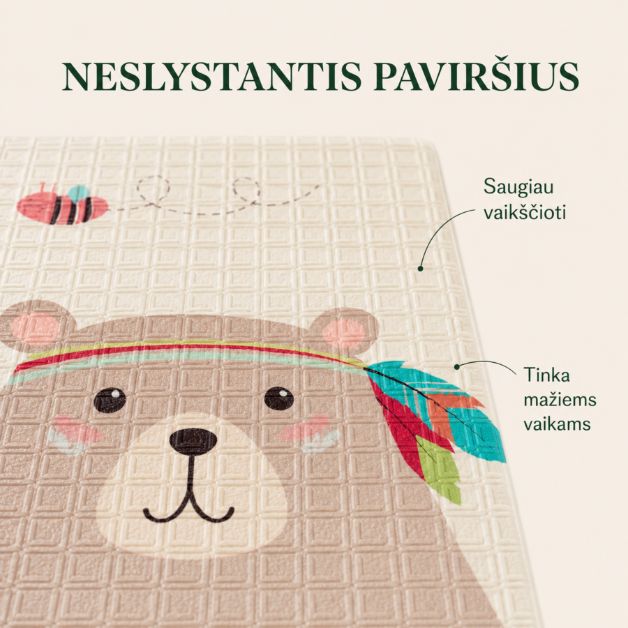 Neslystantis lavinamojo kilimėlio paviršius su reljefine tekstūra mažiems vaikams