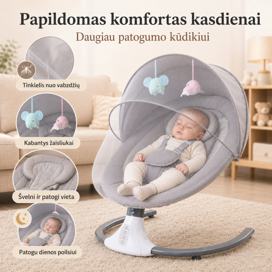 Patogus elektrinis gultukas kūdikiui su jaukia gulėjimo padėtimi – gultukas-supynės kūdikiams poilsiui ir nusiraminimui.