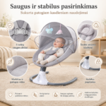 Saugios elektrinės supynės kūdikiams su minkštu audiniu, patogia atrama ir saugos diržais – premium kokybės kūdikio supynės.