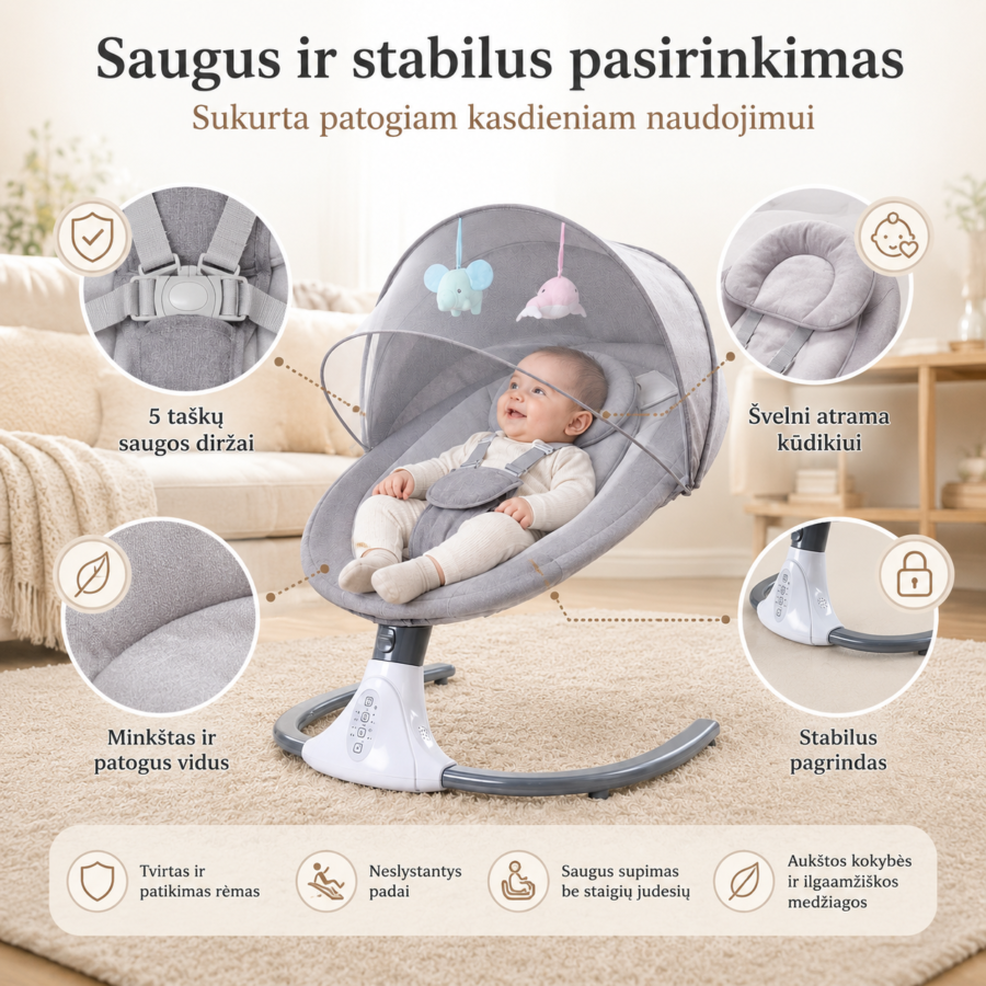 Saugios elektrinės supynės kūdikiams su minkštu audiniu, patogia atrama ir saugos diržais – premium kokybės kūdikio supynės.