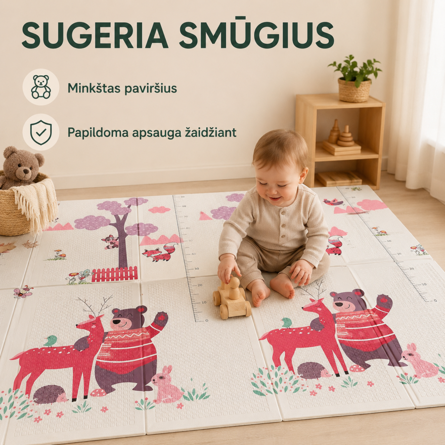 Minkštas XPE žaidimų kilimėlis kūdikiams, sugeria smūgius ir suteikia papildomą apsaugą žaidžiant