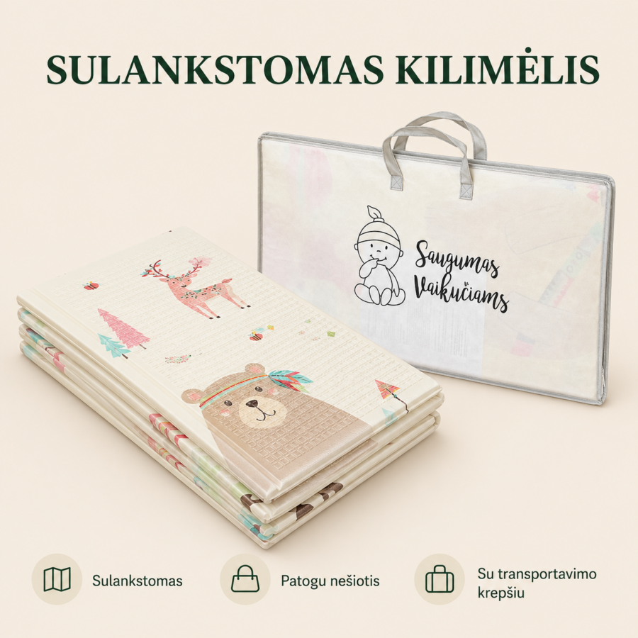 Sulankstomas XPE kilimėlis vaikams su transportavimo krepšiu, patogus laikyti ir nešiotis