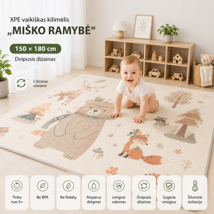 XPE vaikiškas kilimėlis 150×180 cm „Miško ramybė“ – dvipusis, sulankstomas, minkštas ir lengvai valomas žaidimų kilimėlis kūdikiams bei vaikams.