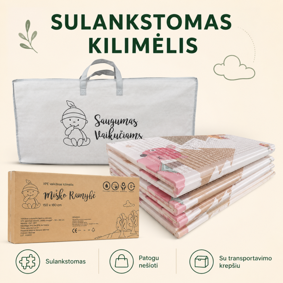 XPE žaidimų kilimėlis kūdikiams 150 × 180 cm „Miško ramybė“, sulankstomas, su transportavimo krepšiu ir dėže